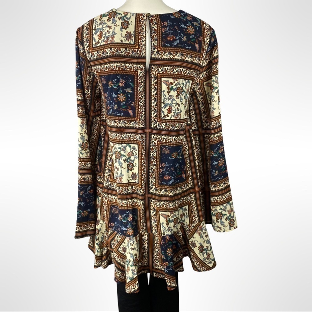 Lulus Mini Dress Bohemian Patterned Bell Sleeve Ruffle Hem - Picture 3 of 8
